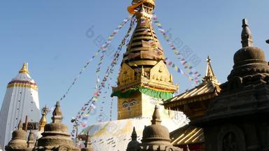 祈祷旗帜飞行风斯瓦扬布纳特佛塔猴子寺庙神圣的宝塔象征尼泊尔加德满都佛的眼睛世界遗产网站藏文佛教古老的宗教体系结构